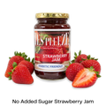Bottle of Yes Pleeze No Added Sugar strawberry Jam with fresh strawberries scattered around the bottom