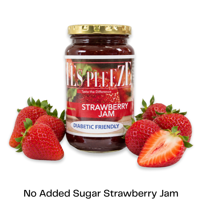 Bottle of Yes Pleeze No Added Sugar strawberry Jam with fresh strawberries scattered around the bottom
