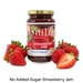 Bottle of Yes Pleeze No Added Sugar strawberry Jam with fresh strawberries scattered around the bottom