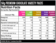 A nutrition facts label for a 50g premium chocolate variety pack, showing energy, protein, carbohydrates, fat, and sodium values for plain milk, mint crunch, toffee crunch, plain white, and s/cherry crunch chocolate bars.