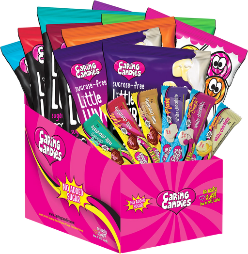 caring candies sugar-free sweet cravings survival kit box containing an assortment of sugarfree little lovies hard boiled sweets and lollipops, and no added sugar premium white and milk chocolates