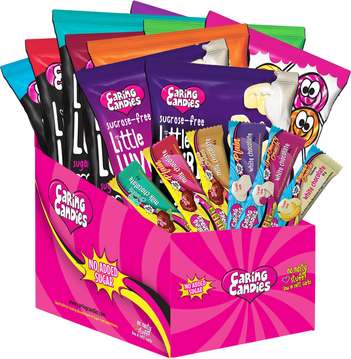 caring candies sugar-free sweet cravings survival kit box containing an assortment of sugarfree little lovies hard boiled sweets and lollipops, and no added sugar premium white and milk chocolates