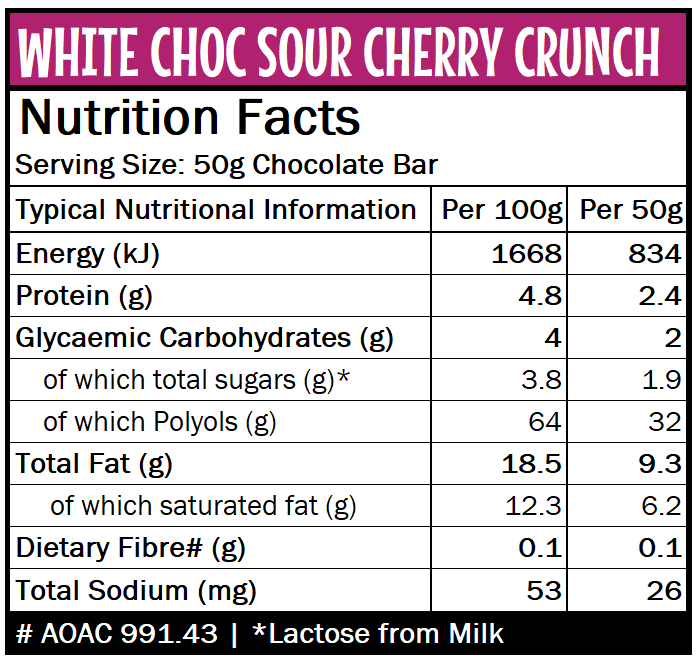 Caring Candies No Added Sugar Chocolate | WHITE + SOUR CHERRY CRUNCH | 50g