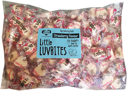 Bulk 1kg catering size pack of sugar-free strawberry flavoured white chocolate Little LuvBite hearts by Caring Candies.  Ideal for those following a diabetic, gluten-free, sugar-free, keto, banting, and low carb lifestyle diet.