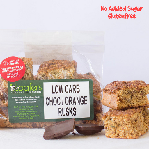 packet and display of low carb gluten free no added sugar chocolate orange rusks. Suitable for Diabetics, Keto and Banting