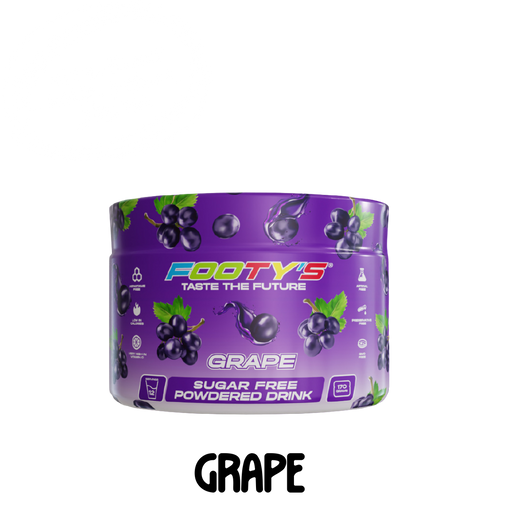 A container of Footy's Grape sugar-free powdered drink mix with a purple label featuring images of grapes.