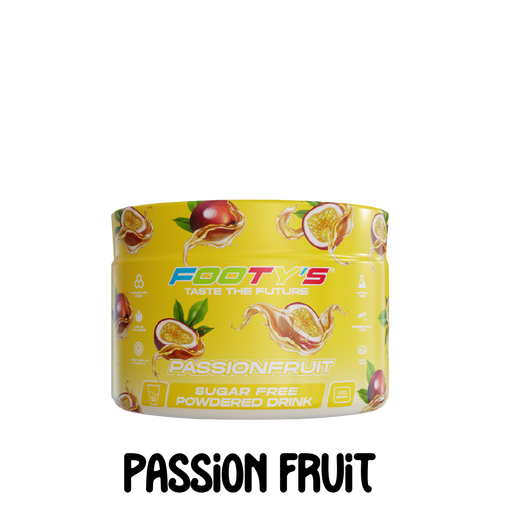 A container of Footy's sugar-free passion fruit flavored drink powder with decorative images of passion fruit and leaves on the label.