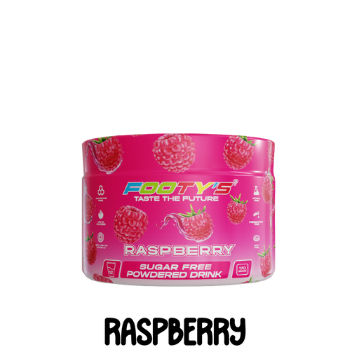 A pink container of Footy's sugar-free and gluten-free raspberry flavored cool drink powder, with the brand's logo and raspberry illustrations on the label.