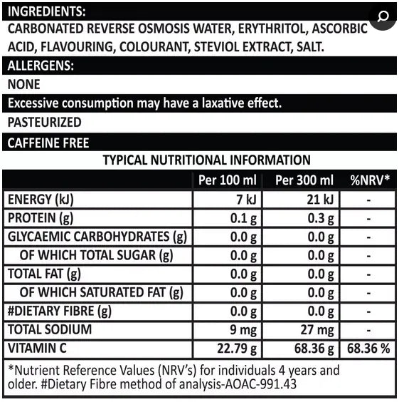 Nutritional information and ingredient list for 500ml Footy's Fuel carbonated sugar-free energy drink