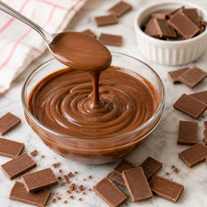 A glass bowl filled with smooth chocolate, with a spoon lifting some of the chocolate above the bowl. Broken chocolate pieces are scattered around on a light marble surface, and a small white ramekin of chocolate chunks sits in the background.