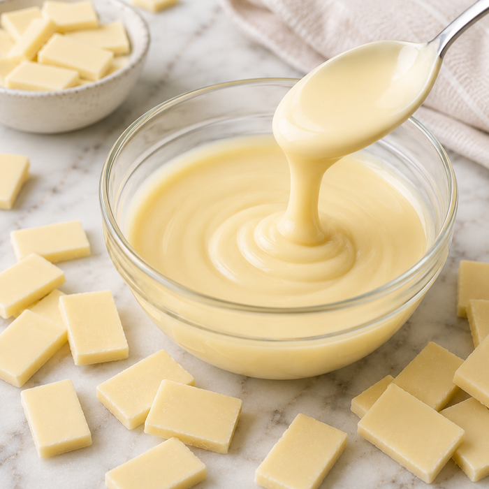 A glass bowl filled with smooth pale whit melted chocolate, with a spoon lifting some of the mixture above the bowl. White chocolate pieces are scattered around on a light marble surface, with a small bowl of white chocolate cubes in the upper left and a folded cream cloth in the upper right.