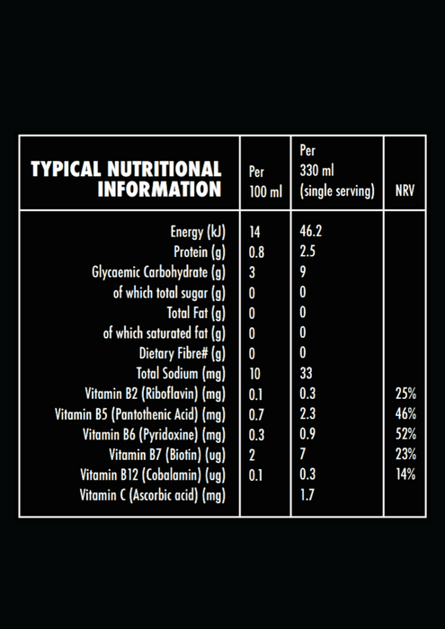 Nutrition Facts Information of 330ml Can of vitamin-enriched sugarfree rooibos tea in frosty fruit flavour. Rich in anti-oxidants and a natural energy booster