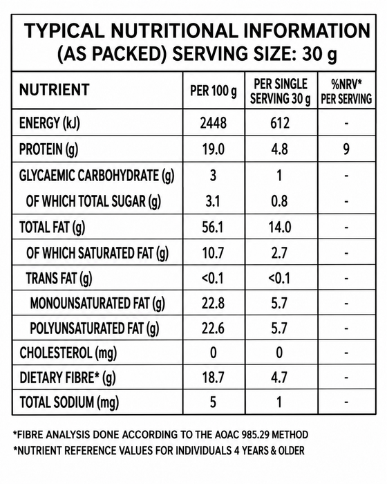 A black and white nutritional information label showing per 100 g and per single serving (30 g) values for energy, protein, carbohydrate, fat, cholesterol, and sodium.