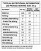 A black and white nutritional information label showing per 100 g and per single serving (30 g) values for energy, protein, carbohydrate, fat, cholesterol, and sodium.