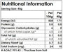 Nutritional information label for a food product with serving size, energy, protein, carbohydrates, and other details.
