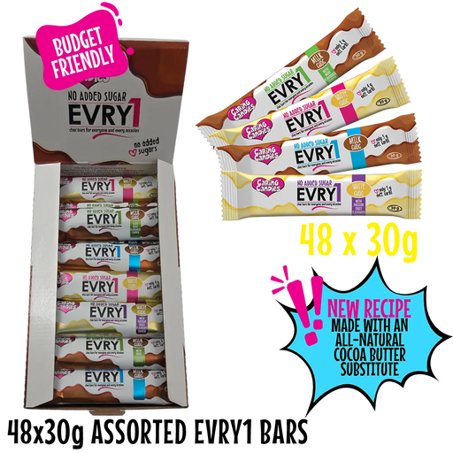 bulk shipper carton showing 48x30g sugarfree chocolate bars in assorted flavours