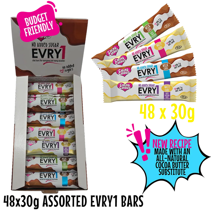 bulk shipper carton showing 48x30g sugarfree chocolate bars in assorted flavours