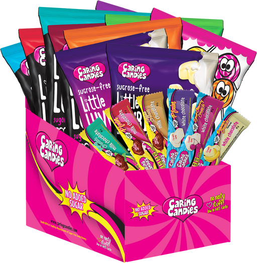 caring candies sugar-free sweet cravings survival kit box containing an assortment of sugarfree little lovies hard boiled sweets and lollipops, and no added sugar premium white and milk chocolates