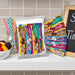 Assorted caring candies premium sugar-free chocolate bars on a kitchen counter with a bowl of fruit and straws.