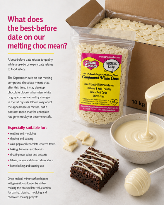 A product information graphic for Campfire Chocolates Compound White Choc. The layout features a clear bag of the product with its yellow and red label, a cardboard box, a bowl of melted white chocolate, and a chocolate bar, alongside text detailing the product's melting characteristics and usage.