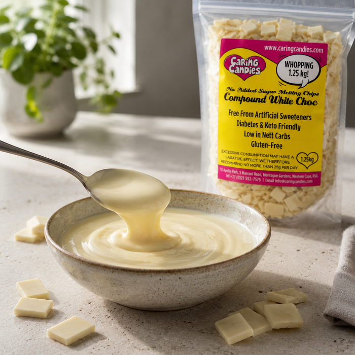 A bag of Caring Candies No Added Sugar Compound White Choc in a kitchen-like setting with a bowl of melted white chocolate and a spoon dripping chocolate, with scattered white chocolate pieces around.