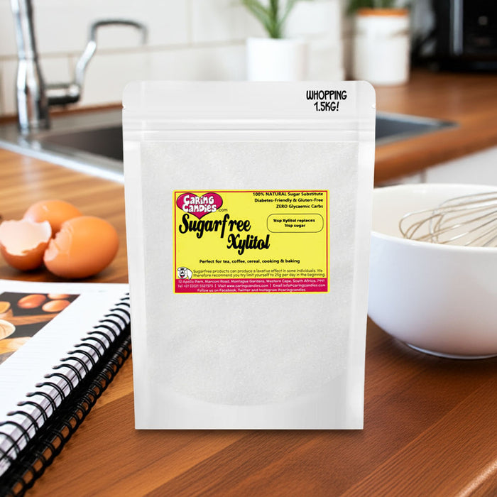 Bag of sugar-free xylitol on a kitchen counter with eggs and a bowl in the background