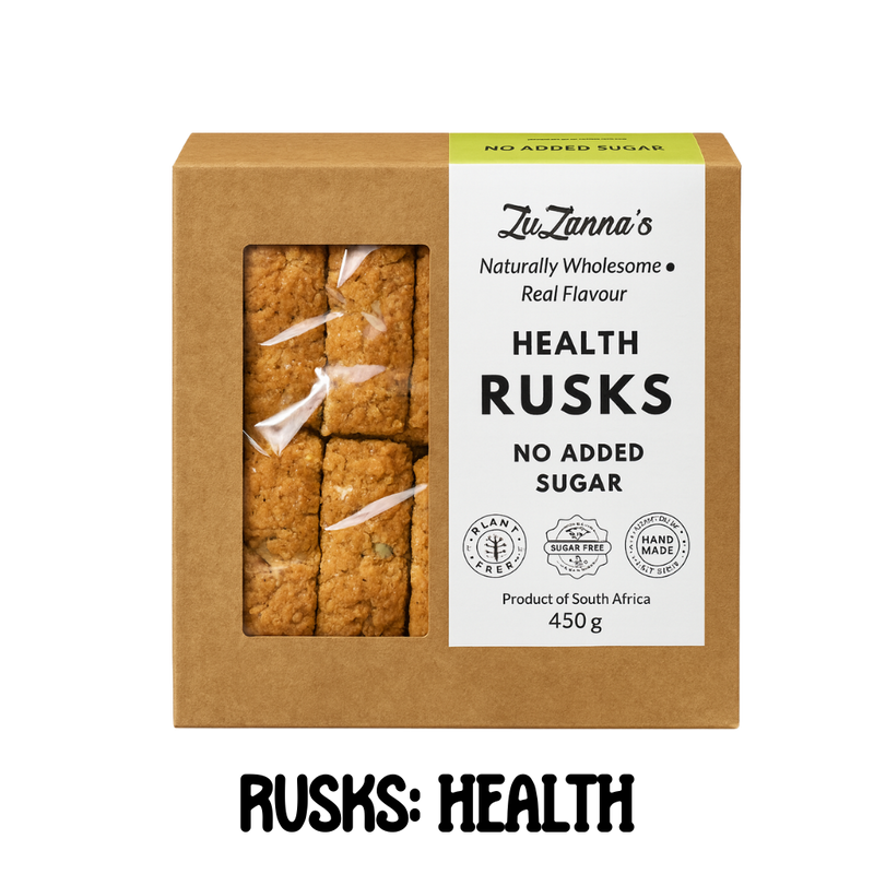 Box of ZuZanna's Sugarfree health rusks with a clear window showing the cookies inside.