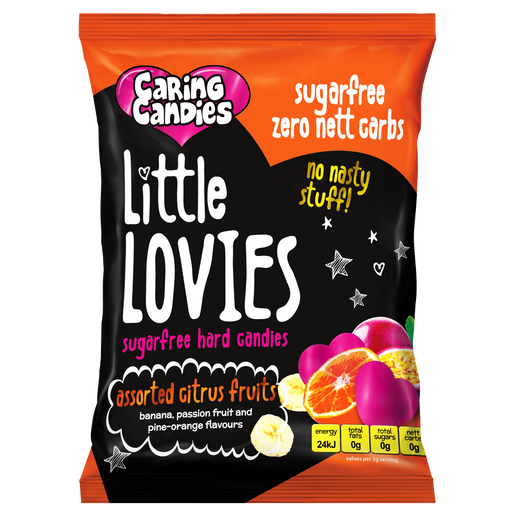 Assorted citrus flavoured Sugar free sweets by Caring Candies. Suitable for Diabetics, Keto, Banting, Candida, and Glutenfree Diets.