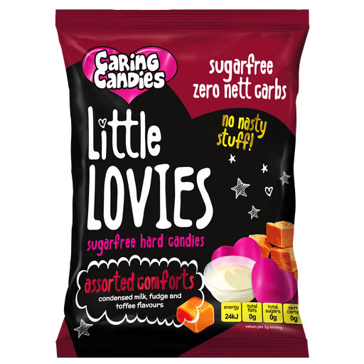 Assorted condensed milk, fudge, and toffee flavoured Sugar free sweets by Caring Candies. Suitable for Diabetics, Keto, Candida, and Glutenfree Diets