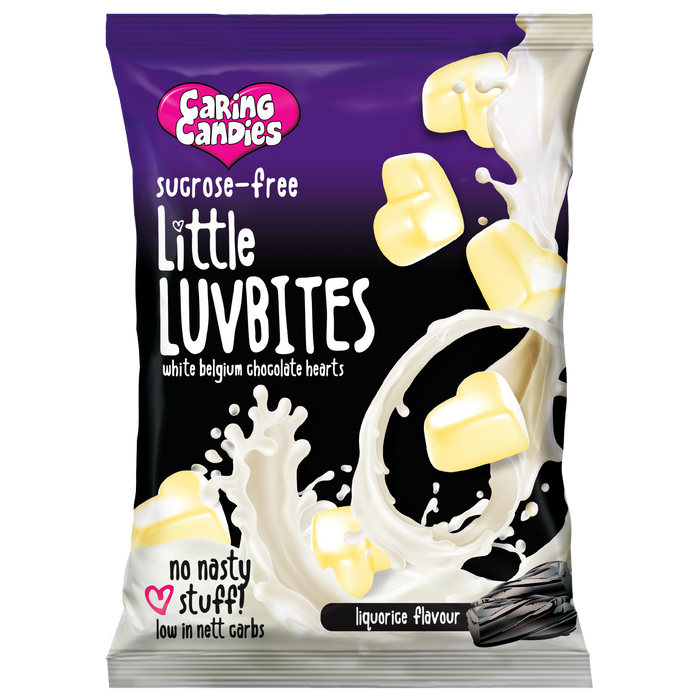 No Added Sugar Liquorice flavoured White Chocolate Keto LuvBites by Caring Candies | Halaal, Kosher, Diabetic, Banting. Gluten free
