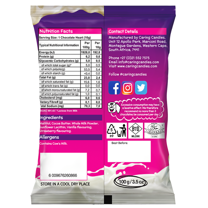 No Added Sugar Strawberry flavoured White Chocolate Keto LuvBites by Caring Candies | Halaal, Kosher, Diabetic, Banting. Gluten free