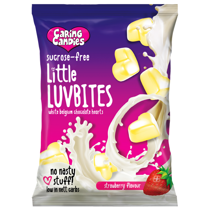 No Added Sugar Strawberry flavoured White Chocolate Keto LuvBites by Caring Candies | Gluten free, Diabetic, Halaal, Kosher, Banting