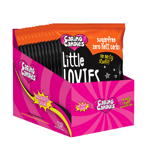 Bulk Retail display carton of 12 100g packets of assorted banana, pine-orange, and passion fruit flavoured heart shaped sweets called Little Lovies by Caring Candies. Ideal for those following an ADHD, diabetic, gluten free, sugar free, keto, banting, low carb, or plant based vegan lifestyle diet.