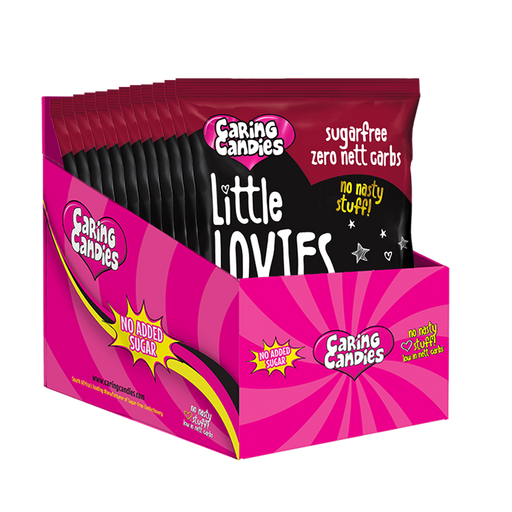Bulk Retail display carton of 12 100g packets of sugar-free assorted condensed milk, fudge, and toffee flavoured heart shaped sweets called Little Lovies by Caring Candies. Ideal for those following an ADHD, diabetic, gluten free, sugar free, keto, banting, low carb, or plant based vegan lifestyle diet.