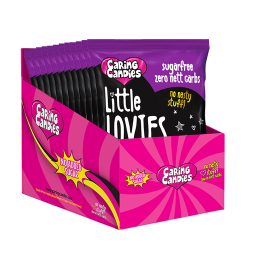 Bulk Retail display carton of 12 100g packets of assorted fruit flavoured heart shaped sweets called Little Lovies by Caring Candies. Ideal for those following an ADHD, diabetic, gluten free, sugar free, keto, banting, low carb, or plant based vegan lifestyle diet.