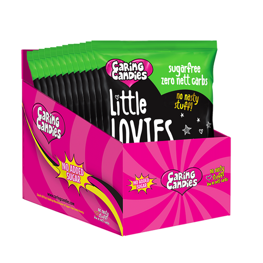 Bulk Retail display carton of 12 100g packets of assorted sour flavoured heart shaped sweets called Little Lovies by Caring Candies. Ideal for those following an ADHD, diabetic, gluten free, sugar free, keto, banting, low carb, or plant based vegan lifestyle diet.