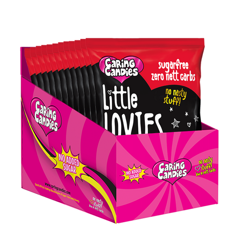 Bulk Retail display carton of 12 100g packets of liquorice flavoured heart shaped sweets called Little Lovies by Caring Candies. Ideal for those following an ADHD, diabetic, gluten free, sugar free, keto, banting, low carb, or plant based vegan lifestyle diet.