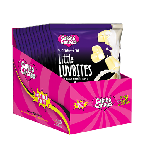 Bulk retail display carton containing 12 100g Packets of premium sugarfree liquorice flavoured white chocolate hearts called little luvbites by Caring Candies.  Ideal for those following a diabetic, gluten-free, sugar-free, keto, banting, and low carb lifestyle diet