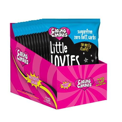 Bulk Retail display carton of 12 100g packets of peppermint flavoured heart shaped sweets called Little Lovies by Caring Candies. Ideal for those following an ADHD, diabetic, gluten free, sugar free, keto, banting, low carb, or plant based vegan lifestyle diet.