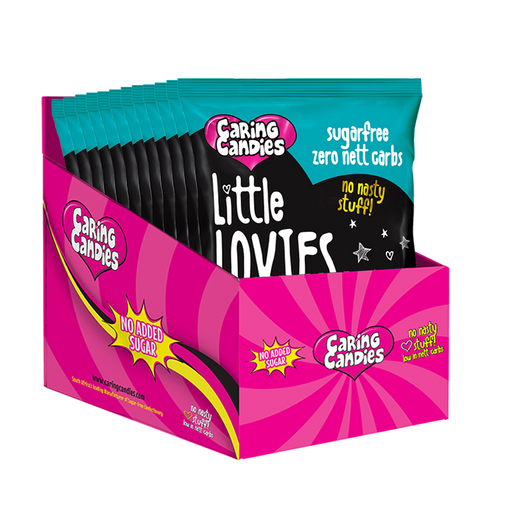 Bulk Retail display carton of 12 100g packets of toffee mint humbug flavoured heart shaped sweets called Little Lovies by Caring Candies. Ideal for those following an ADHD, diabetic, gluten free, sugar free, keto, banting, low carb, or plant based vegan lifestyle diet.