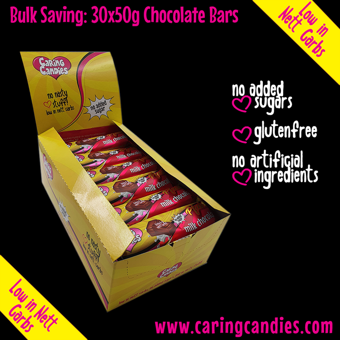 Bulk box of 30x50g No Added Sugar free milk chocolate bar by Caring Candies. Banting, Bulk Savings, Diabetic, Glutenfree, Halaal, Keto, Kosher, Low Carb
