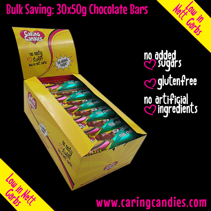 Bulk 30x50g No Added Sugar free milk chocolate with peppermint crunch by Caring Candies. Banting, Bulk Savings, Diabetic, Glutenfree, Halaal, Keto, Kosher, Low Carb