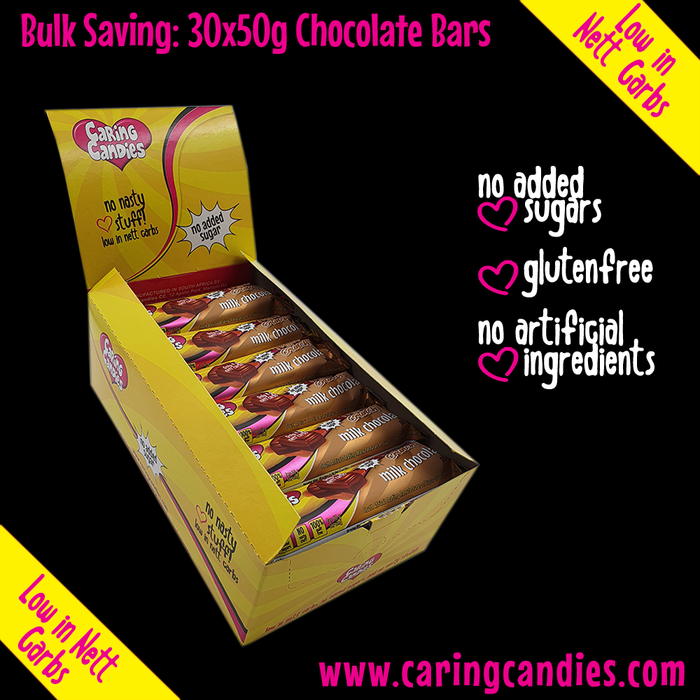 Box  of 30x50g No Added Sugar Milk chocolate bar with toffee crunch by Caring Candies. Suitable for Diabetic, Low Carb, Glutenfree, Halaal, Keto, and Kosher lifestyles