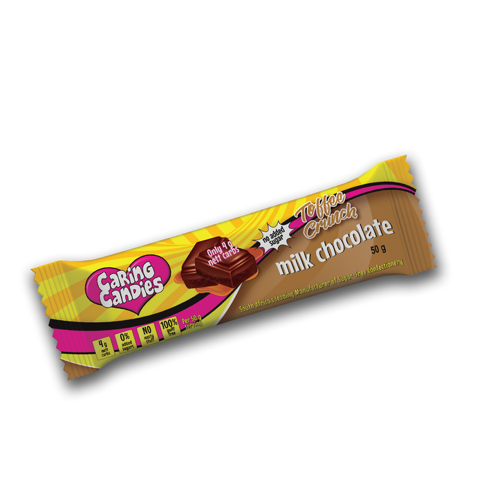 50g No Added Sugar free milk with toffee crunch chocolate bar by Caring Candies. Banting, Bulk Savings, Diabetic, Glutenfree, Halaal, Keto, Kosher, Low Carb