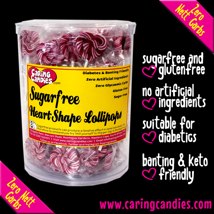 Tub of 100 sugar free hand crafted heart shaped lollipops