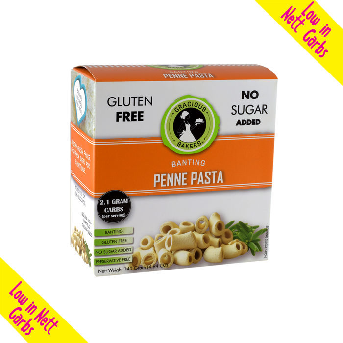 Gluten free Penne Pasta from Gracious Bakers. Sugar free, and suitable for Diabetics, banting, and keto diets