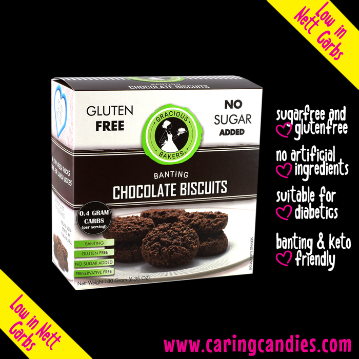 Gluten free chocolate biscuits from Gracious Bakers. Sugar free, and suitable for Diabetics, banting, and keto diets