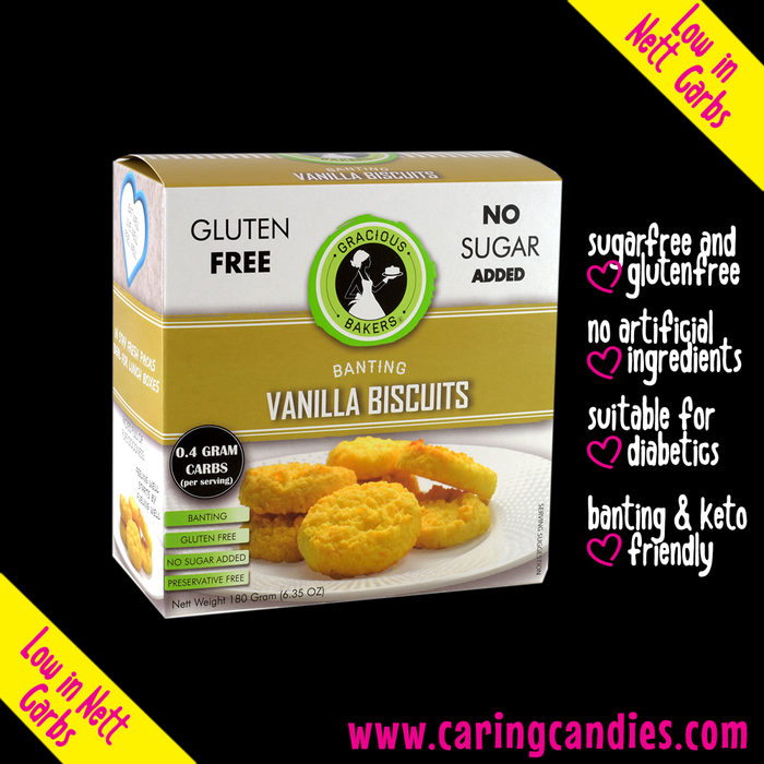 Gluten free vanilla biscuits from Gracious Bakers. Sugar free, and suitable for Diabetics, banting, and keto diets