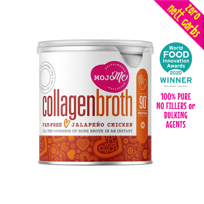 Mojo Me Jalopeno Chicken flavoured Instant Collagen Bone Broth is the best for skin, hair, nails, gut health, joint support, and preventing loss of muscle mass