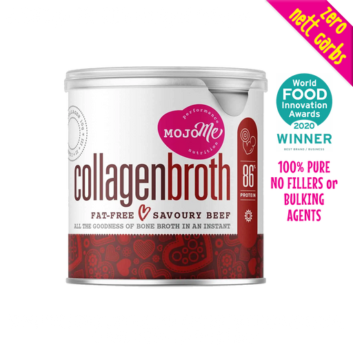 Mojo Me's Savoury Beef flavoured Instant Collagen Bone Broth is the best for skin, hair, nails, gut health, joint support, and preventing loss of muscle mass